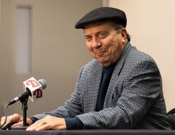 Johnny Bench smiles during a press conference at WKU Baseball’s “A Night With Baseball Hall of Famer Johnny Bench” in the Diddle arena on Saturday, Jan. 27, 2024. 