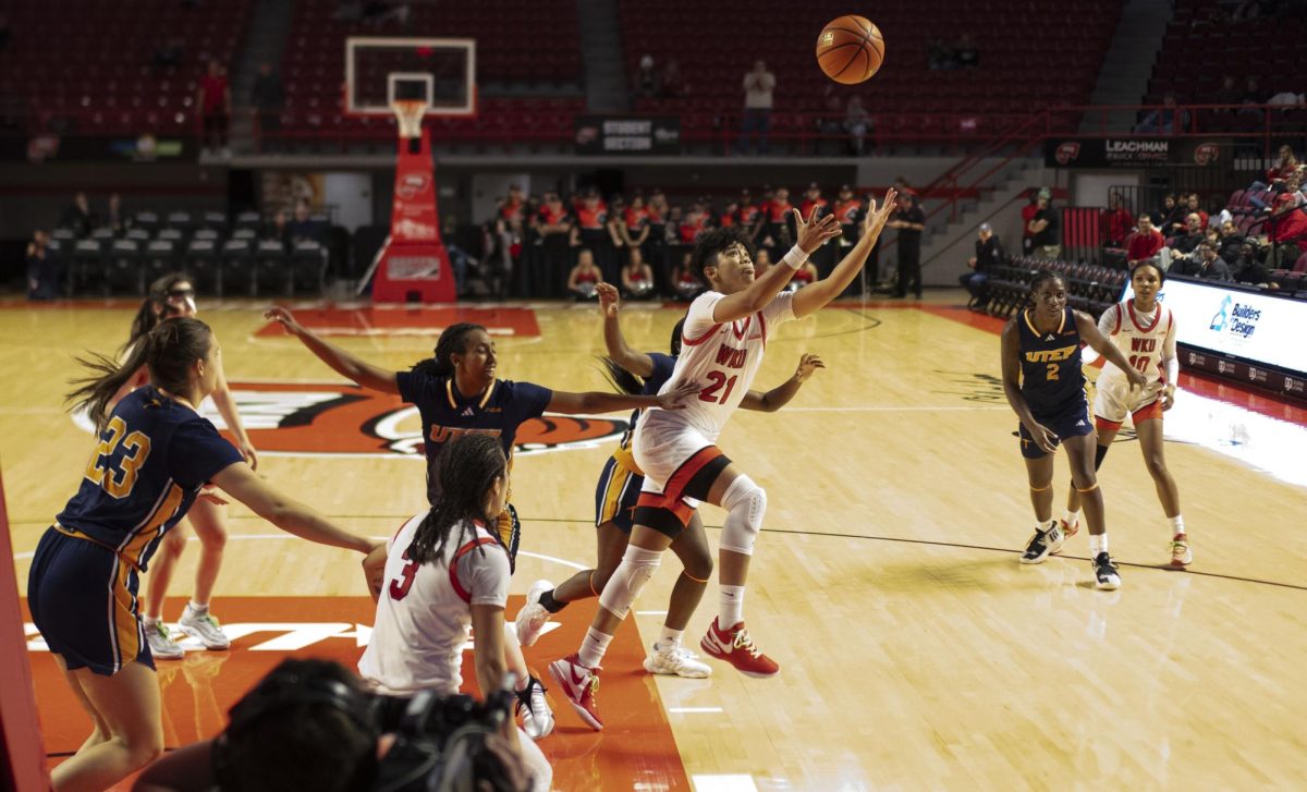 WKU senior forward, Odeth Betancourt, jumps to grab a rebound against UTEP in E.A. Diddle Arena on Saturday, Jan. 20, 2024. 