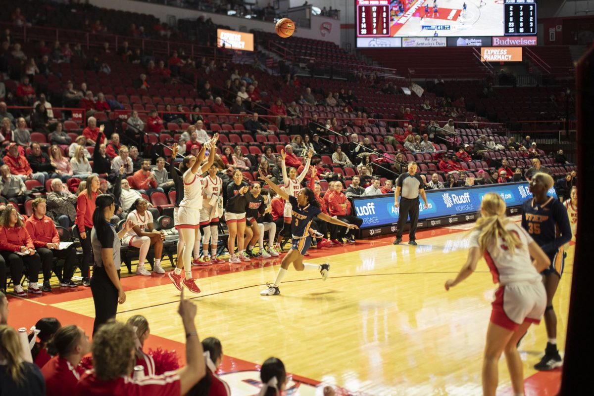 WKU senior guard, Aaliyah Pitts, attempts a three-point shot against UTEP in E.A. Diddle Arena on Saturday, Jan. 20, 2024.