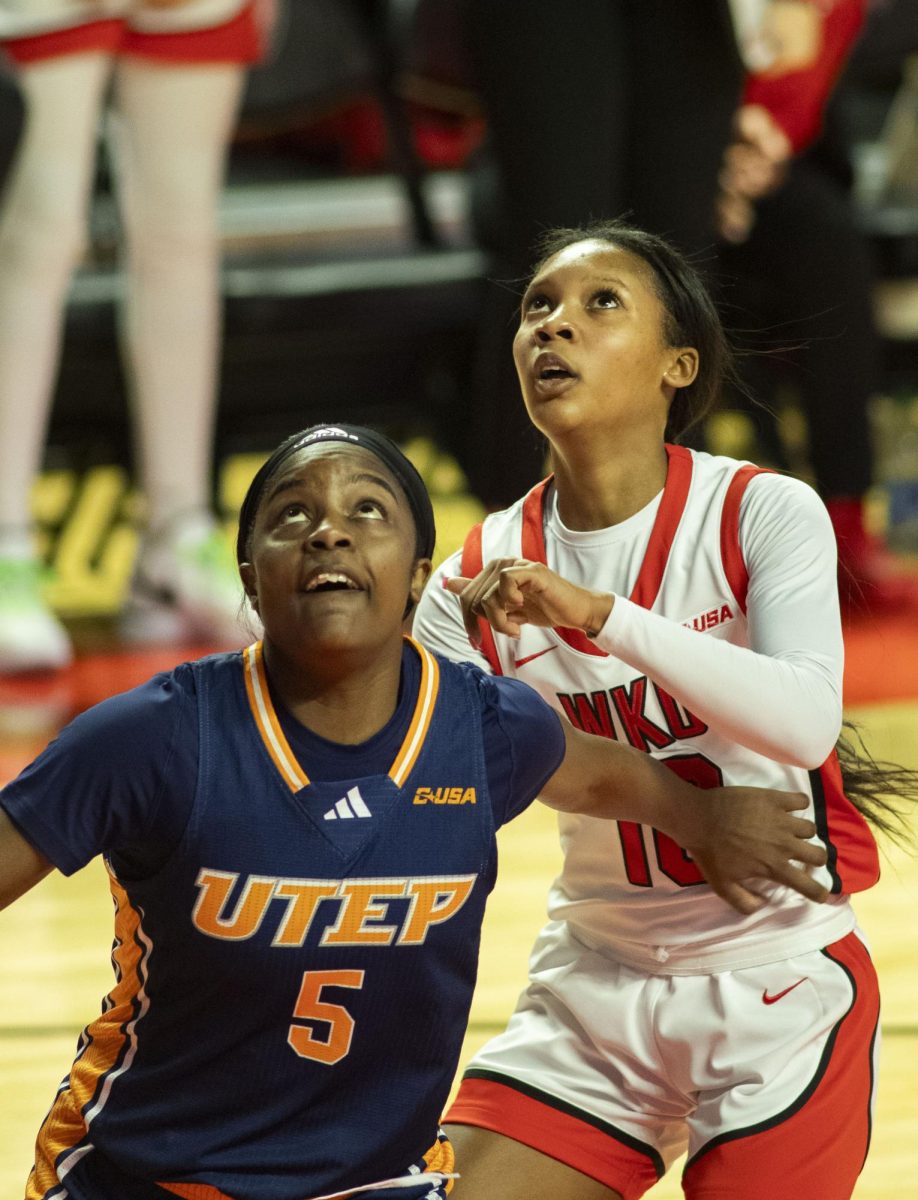 WKU sophomore guard, Acacia Hayes, attempts to catch a rebound shot made against UTEP in E.A. Diddle Arena on Saturday, Jan. 20, 2024.