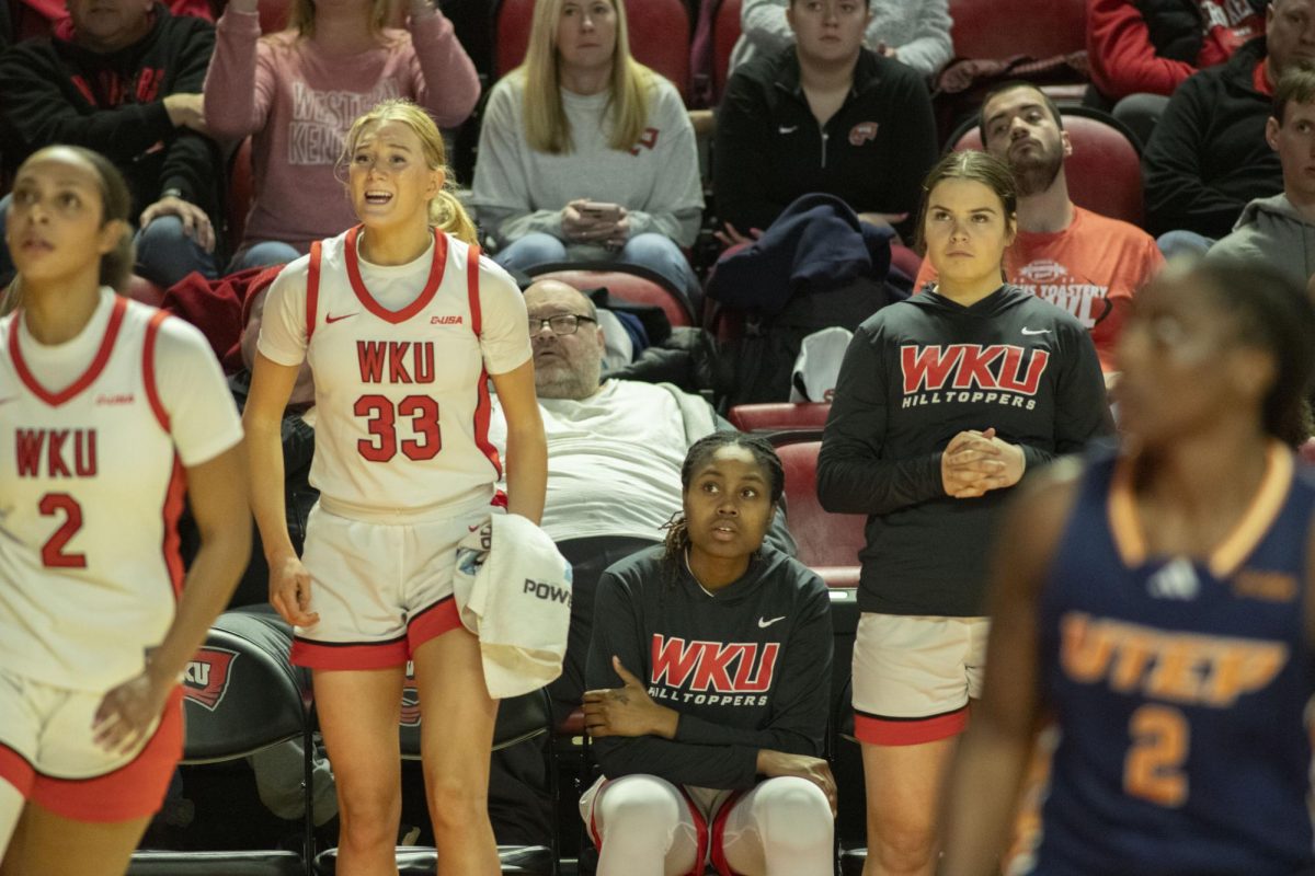 In+the+final+minutes+of+the+tight+scoring+game%2C+WKU+players+and+fans+intently+watch+WKU+drive+against+UTEP+in+E.A.+Diddle+Arena+on+Saturday%2C+Jan.+20%2C+2024.