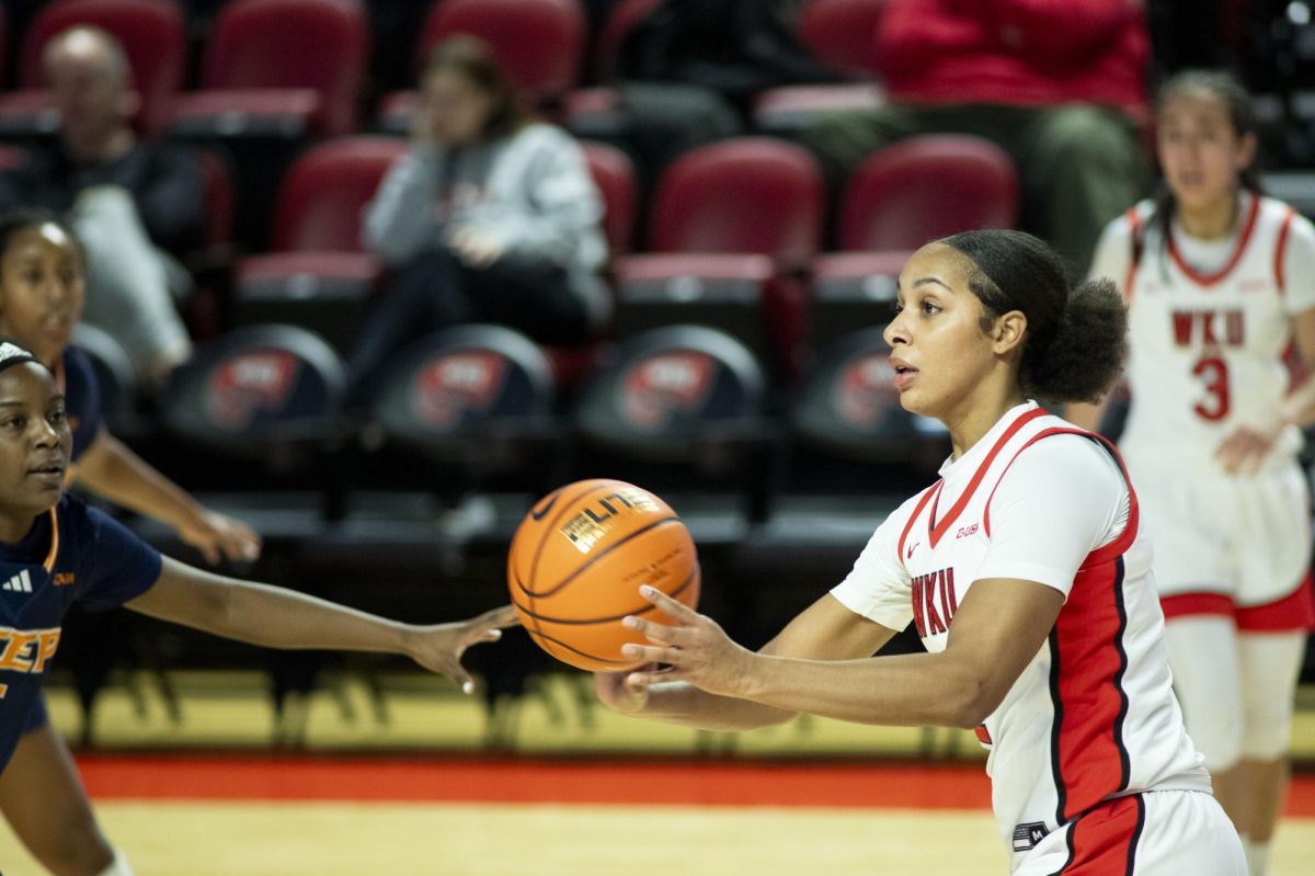 WKU senior guard, Aaliyah Pitts, catches a pass during the game against UTEP in E.A. Diddle Arena on Saturday, Jan. 20, 2024. WKU won 66-65. 