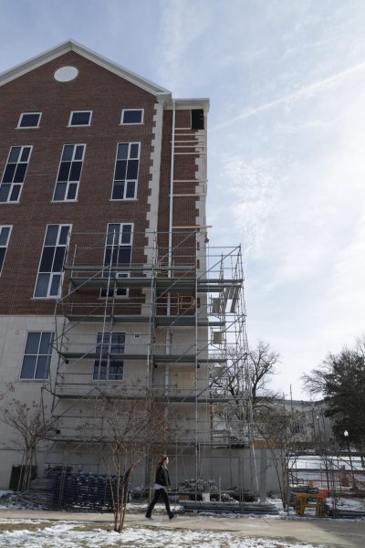 Scaffolding and construction work is seen at Hilltopper Hall due to issues that have caused residents to move out.
