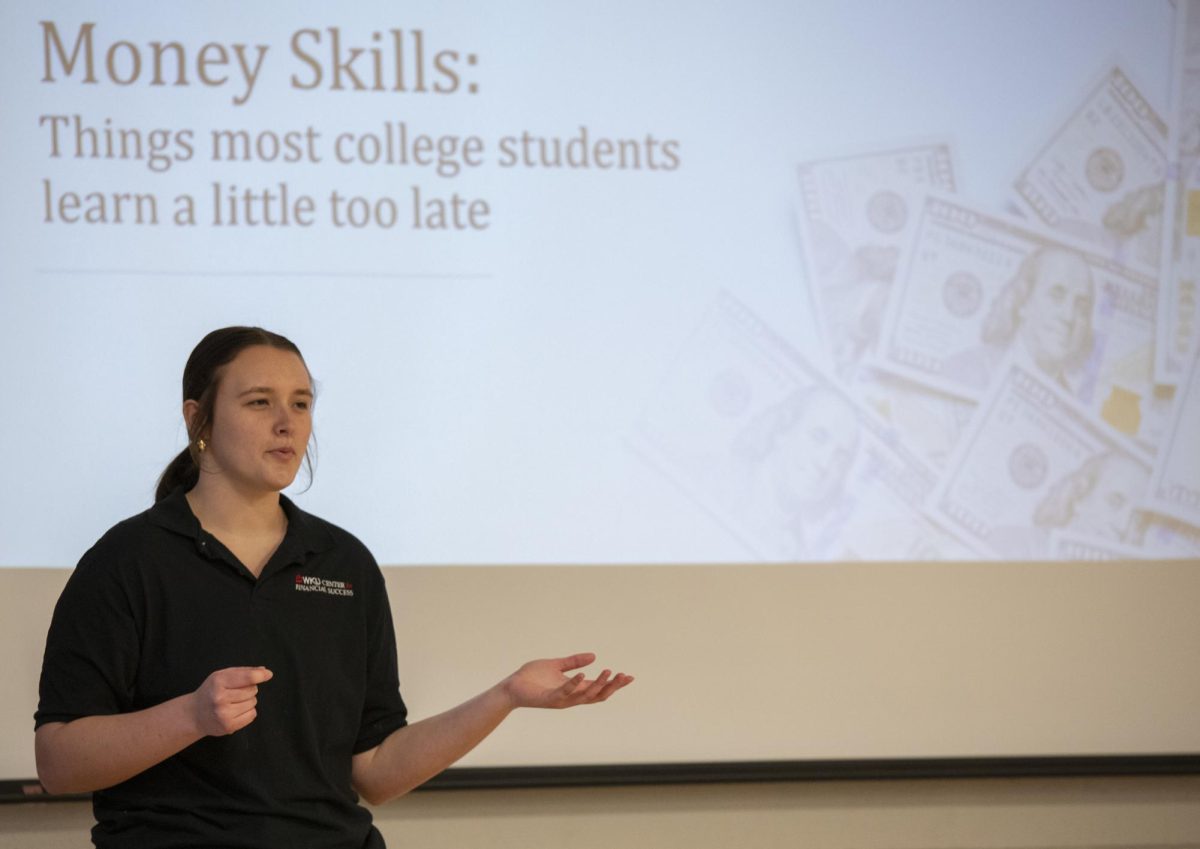 Georgetown finance senior Kaylie Wise presents about handling money during the Money Skills event on Wednesday, Feb. 28.