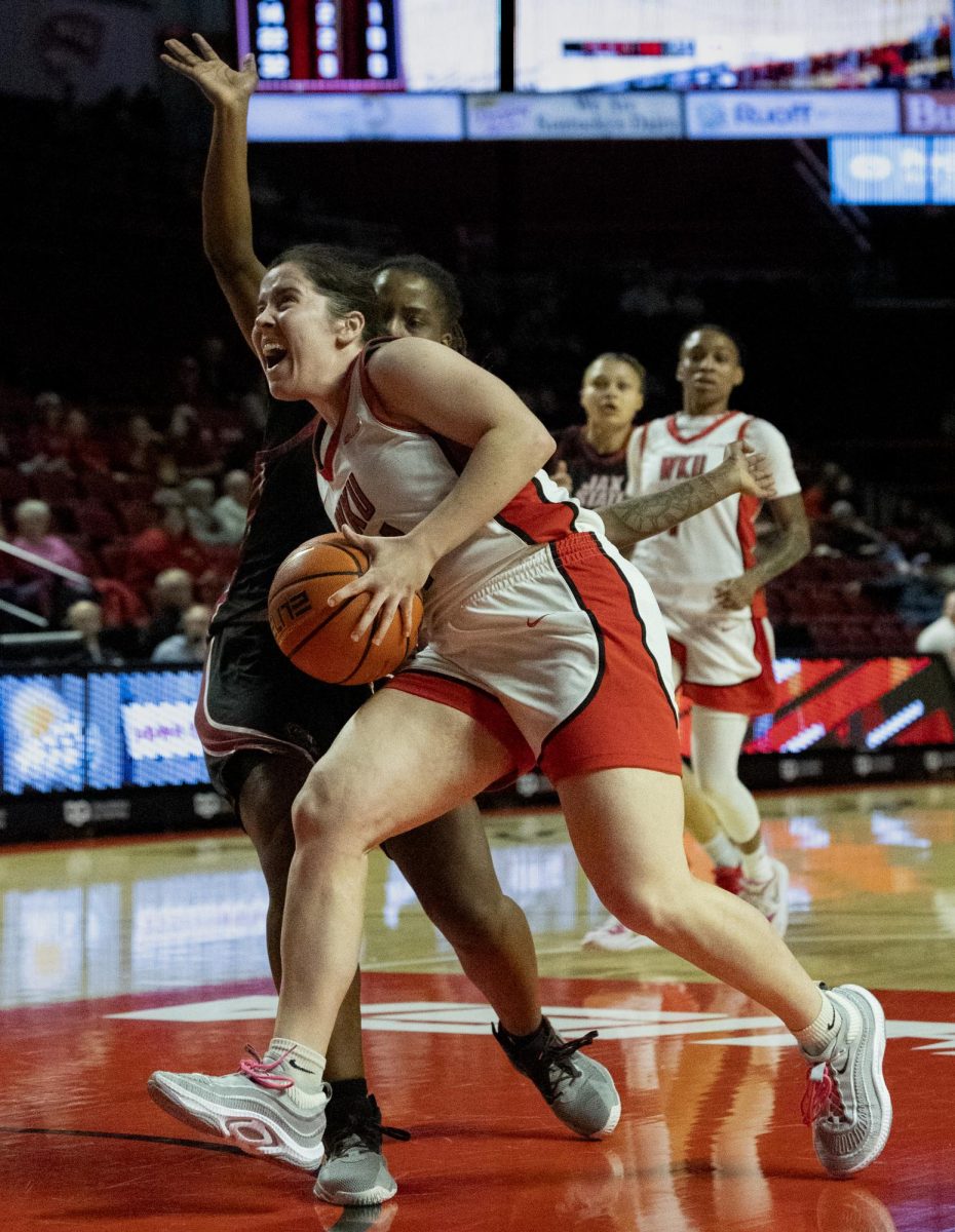 Guard Teresa Faustino drives the lane during the matchup against Jacksonville State in the Diddle Arena on Saturday, Feb. 10, 2024. 