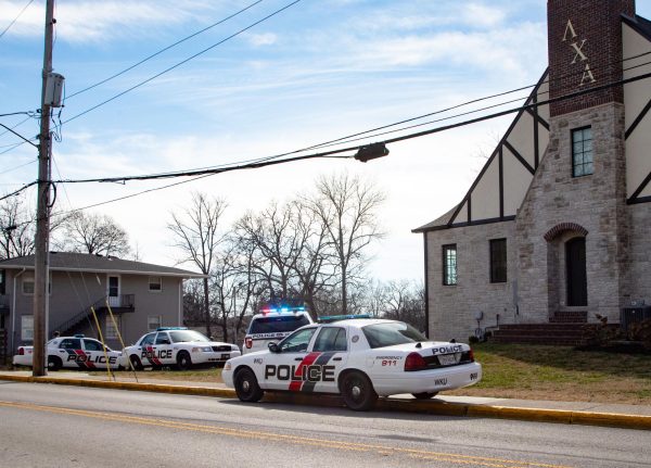 Police are seen outside the Lambda Chi Alpha house adjacent to WKU’s campus on Wednesday, Feb. 7. 