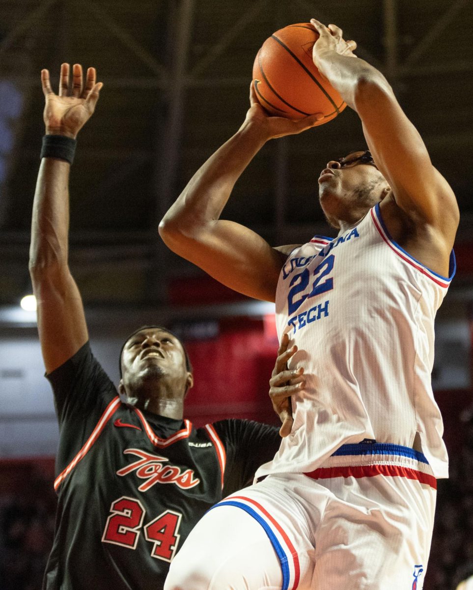 LA Techs forward Isaiah Crawford (22) goes up to take a shot during a game against WKU at the E.A Diddle Arena on Wednesday, Feb. 28, 2024. 
