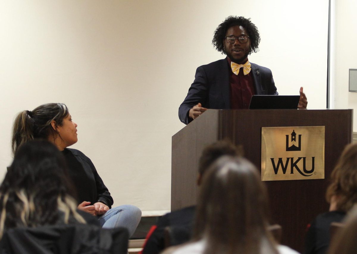 Tyler Hunter speaks about how WKU affected his career during the “Black Alumni Panel” at Mahurin Honors College on Feb. 7, 2024.