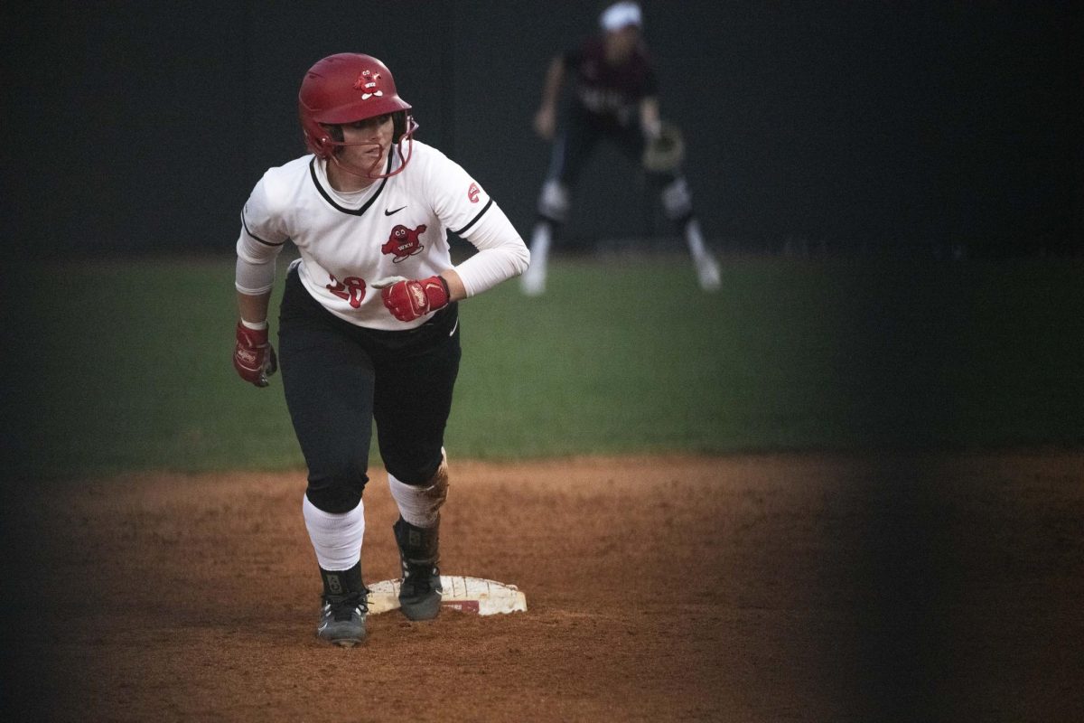 Batter+Kelsey+Schmidt+%2828%29+leads+off+second+base+during+Western+Kentucky+Universitys+game+against+Southern+Illinois+University+on+Sunday%2C+March+3%2C+2024.+