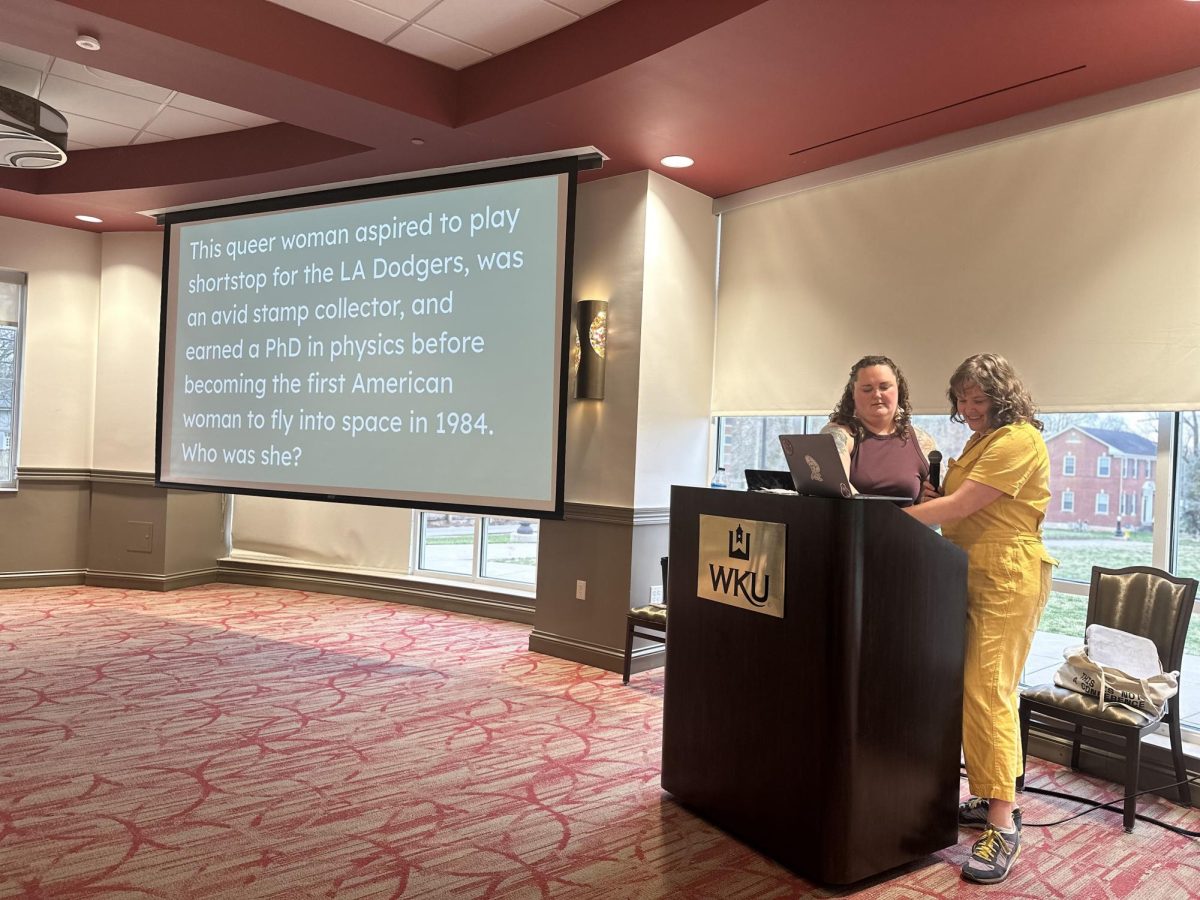 Associate professor Katie Lennard and associate professor Jess Folk host womens trivia night in the HCIC multipurpose room on March 7, in honor of womens history month.