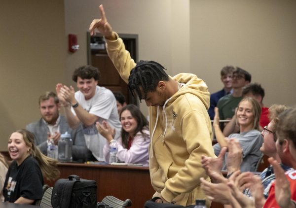 Students cheer for Senator at Large Jaden Marshall after being announced as the Intercultural Student Engagement Center Senator for the 24th Senate on Wednesday, April 17 in the Senate Chamber in DSU. Ive done everything in my power, Ive said it 100 times, to be for the students, Marshall said. So, not only to win, but to hear that reaction for me by the other students is just something that shows people actually care about me [and] really support me.