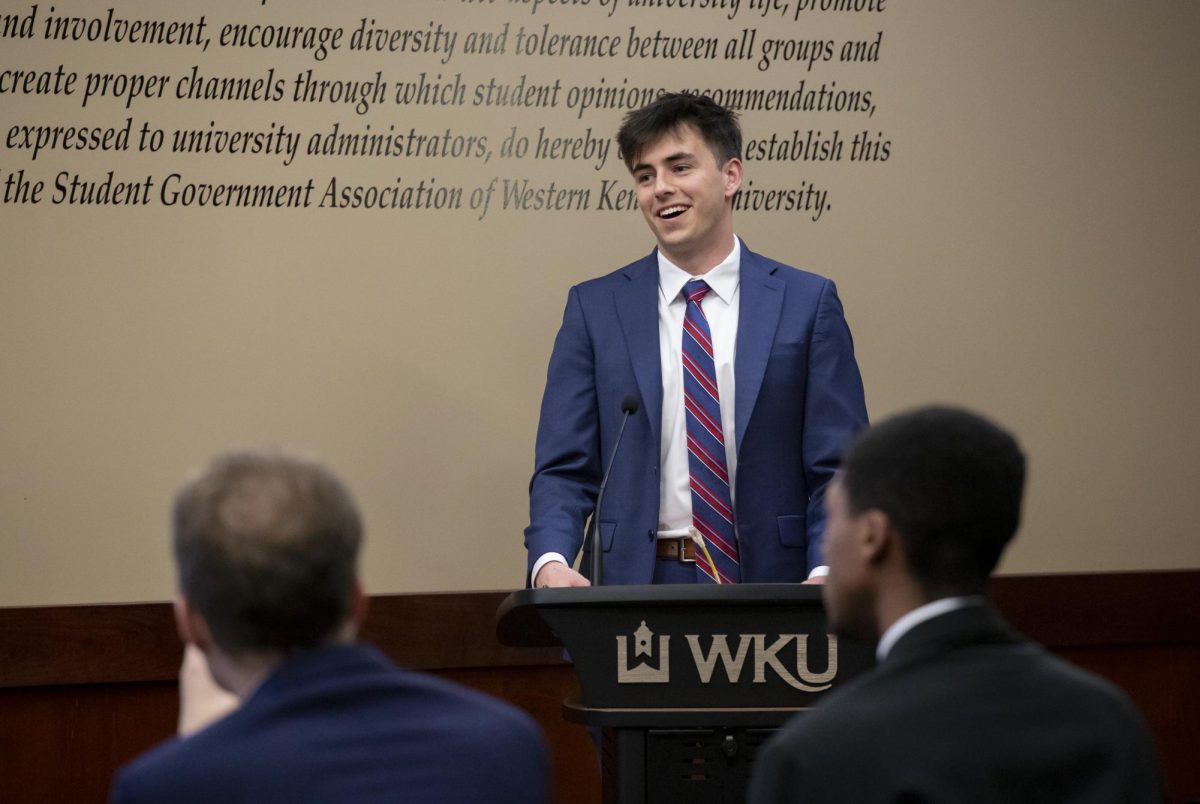 Student Body President Sam Kurtz gives his final report to the 23rd senate at SGAs weekly meeting on Tuesday, April 16 in the Senate Chamber. I just want to thank every one of you for everything youve done for this organization this year, Kurtz said. It means a lot to me.