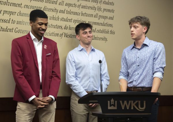 Chief of Staff Donté Reed (left), Student Body President Sam Kurtz (center) and Junior Senator Ethan Taylor (right), who are running unopposed for the roles of student body president, executive vice president and administrative vice president, respectively, in the SGA Spring 2024 election, discuss their plan to lead the SGA during the 2024-2025 academic year. 