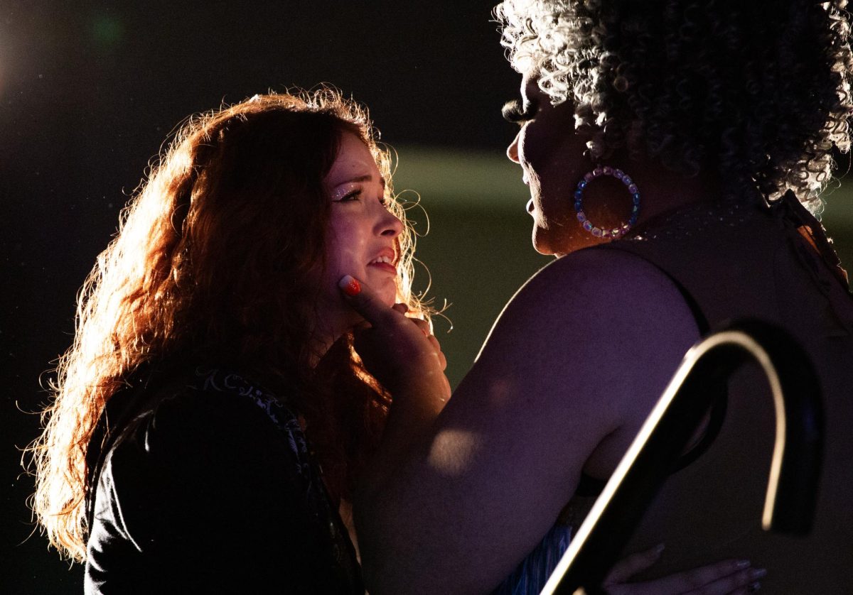 Megan Inman of Tennessee cries after embracing Drag performer and transgender advocate Jasmine St. James at the 9th Annual WKU Housing and Residence Life Drag Show at Knicely Conference Center on April 4, 2024. “[The community] was so warm and welcoming when I came out, if it wasn’t for the queens I wouldn’t be here,” Inman said. 