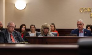 Provost Bud Fischer (left to right), Susan Howarth, executive vice president for strategy, operations and finance, and President Timothy Caboni present the proposed 2024-2025 budget to the regents on June 7, 2024, in Jody Richards Hall.