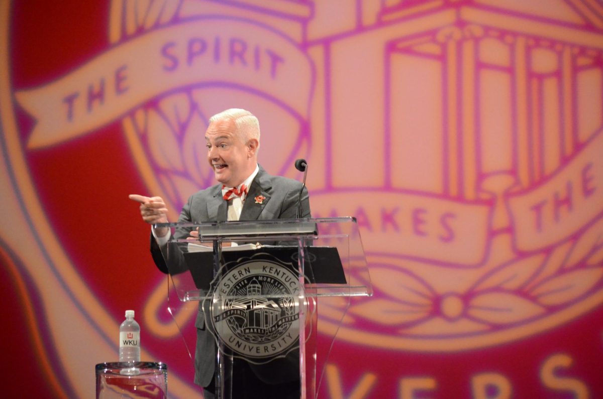 President Timothy Caboni gestures toward a member of the audience during a Convocation Address in Van Meter Auditorium on Monday, Aug. 12, 2024. 
