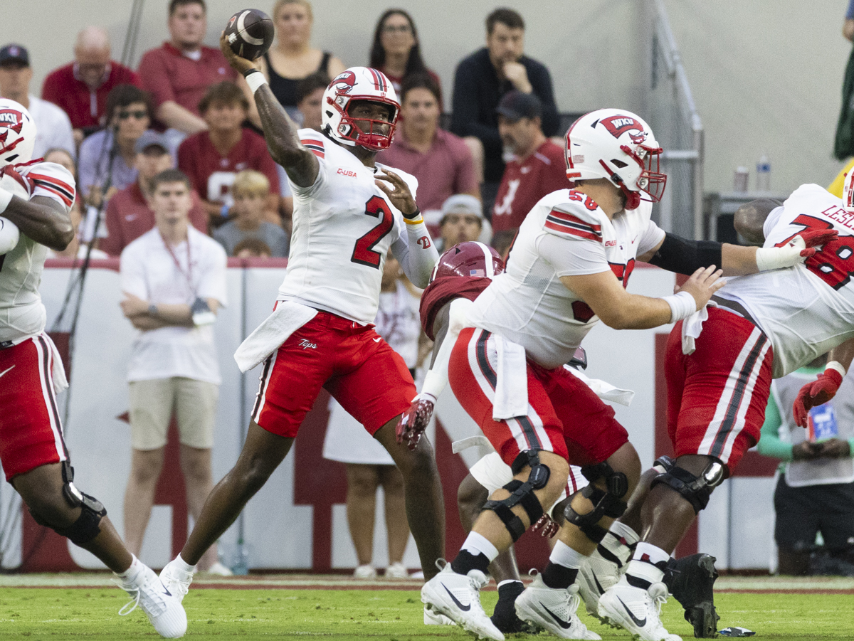 Western Kentucky Hilltoppers quarterback TJ Finley (2) attempts a pass during a game against the University of Alabama at Bryant Denning Stadium in Tuscaloosa, Ala. on Saturday, Aug. 31, 2024.