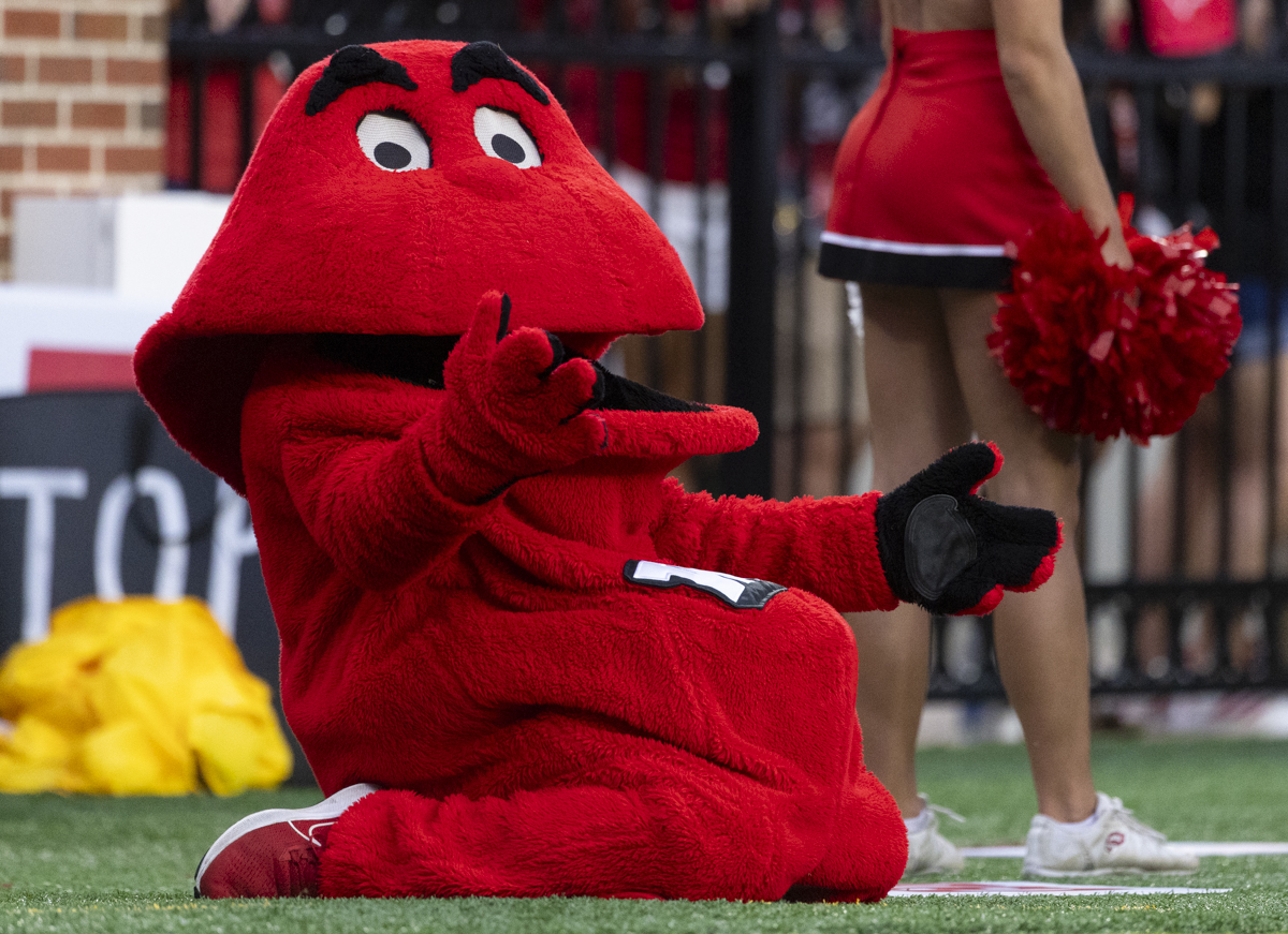 WKU’s Big Red throws his hands up after the University of Alabama scored a touchdown in the first half of a game against the University of Alabama at Bryant Denning Stadium in Tuscaloosa, Ala. on Saturday, Aug. 31, 2024.