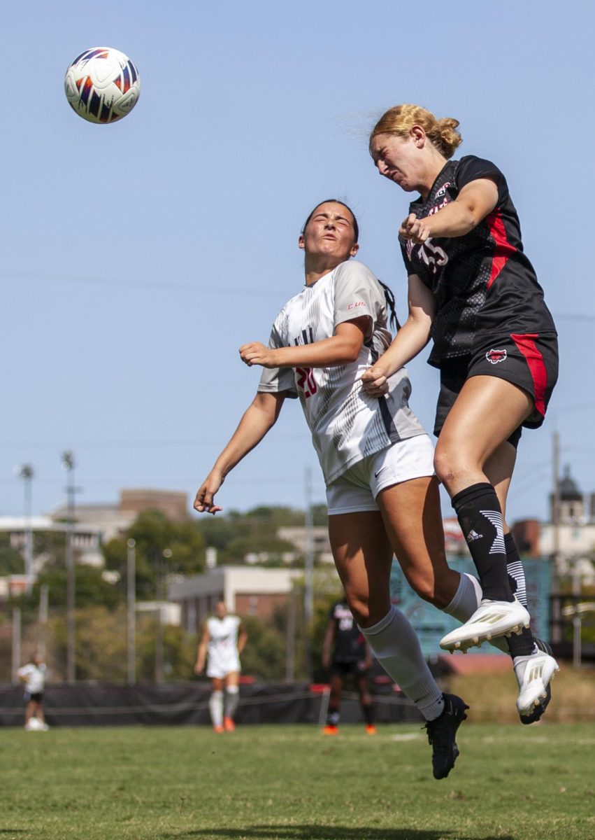 Western Kentucky University midfielder Georgia Liapis and Arkansas State University defender Maya Jones jump to head the ball during a game  at the WKU Soccer Complex on Sunday, Sept. 8, 2024. 