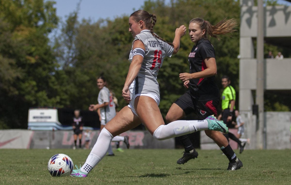 Western Kentucky University midfielder 
Rebecca Roth, left, brings the ball upfield during a game against Arkansas State University at the WKU Soccer Complex on Sunday, Sept. 8, 2024. 