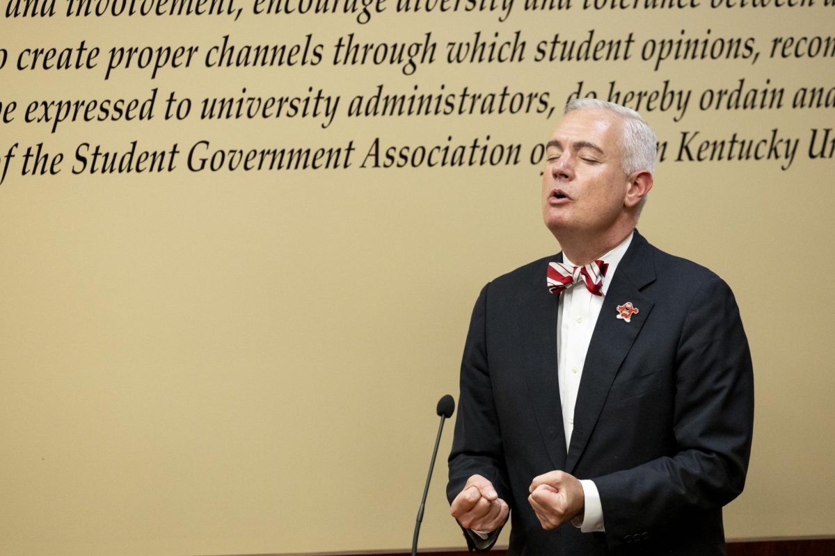 President Caboni delivers his remarks to the Faculty Senate on Thursday, Sept. 19, 2024. The president was uncharacteristically animated during the meeting.

1