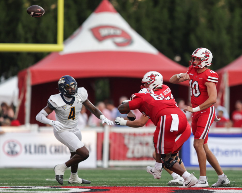 Western Kentucky quarterback Caden Veltkamp (10) attempts a pass during a game against the University of Toledo at Smith Stadium on Saturday, Sept. 21, 2024.