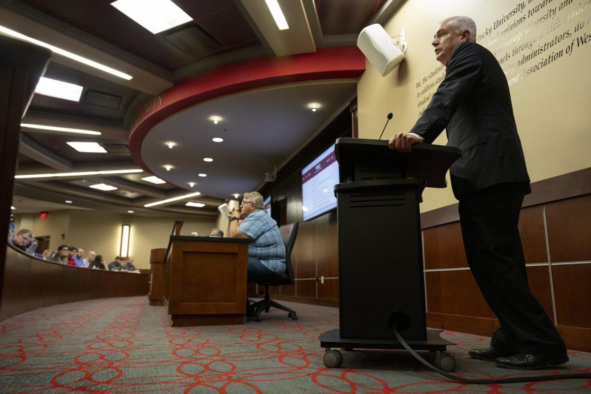 WKU President Timothy Caboni speaks to the Faculty Senate and answers questions posed by members on Thursday, Sept. 19, 2024.