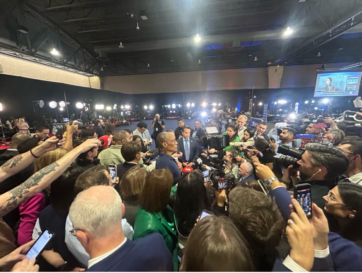 A crowd of reporters formed around Anthony Scaramucci shortly after he entered the spin room to speak on behalf of the Harris campaign Tuesday, Sept. 10 at the 2024 Presidential Debate in Philadelphia, Pennsylvania.