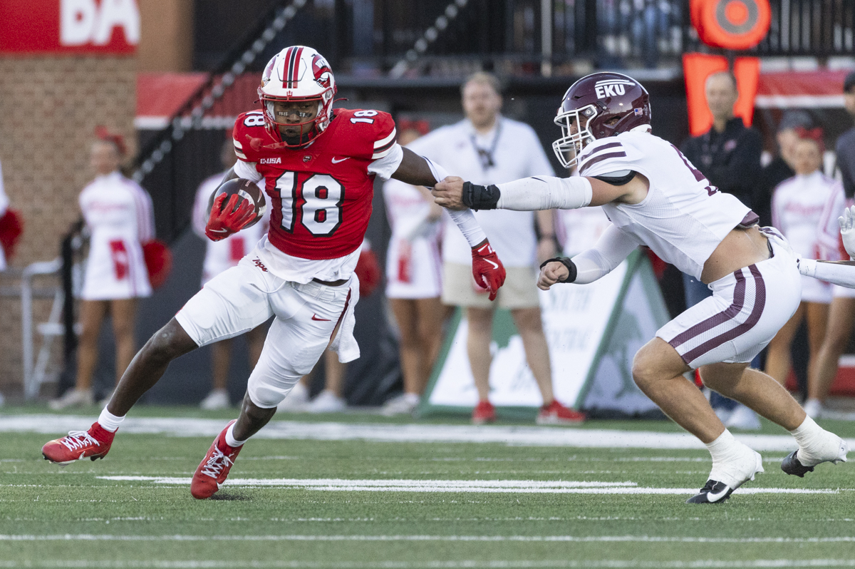 Western Kentucky Hilltoppers wide receiver Moussa Barry (18) rushes with the ball during a game against Eastern Kentucky University at L.T. Smith Stadium on Saturday, Sept. 7, 2024.