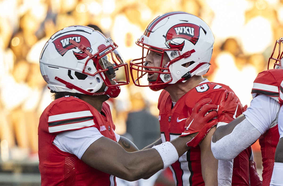 Western Kentucky Hilltoppers wide receiver Koy Moore (11) and Western Kentucky Hilltoppers tight end River Helms (87) celebrate a touchdown that was later overturned during a game against Eastern Kentucky University at L.T. Smith Stadium on Saturday, Sept. 7, 2024.