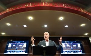 President Timothy Caboni addresses questions submitted by campus staff during his annual staff senate meeting in the Student Government Association chambers in Downing Student Union on Tuesday, Sep. 3, 2024. 