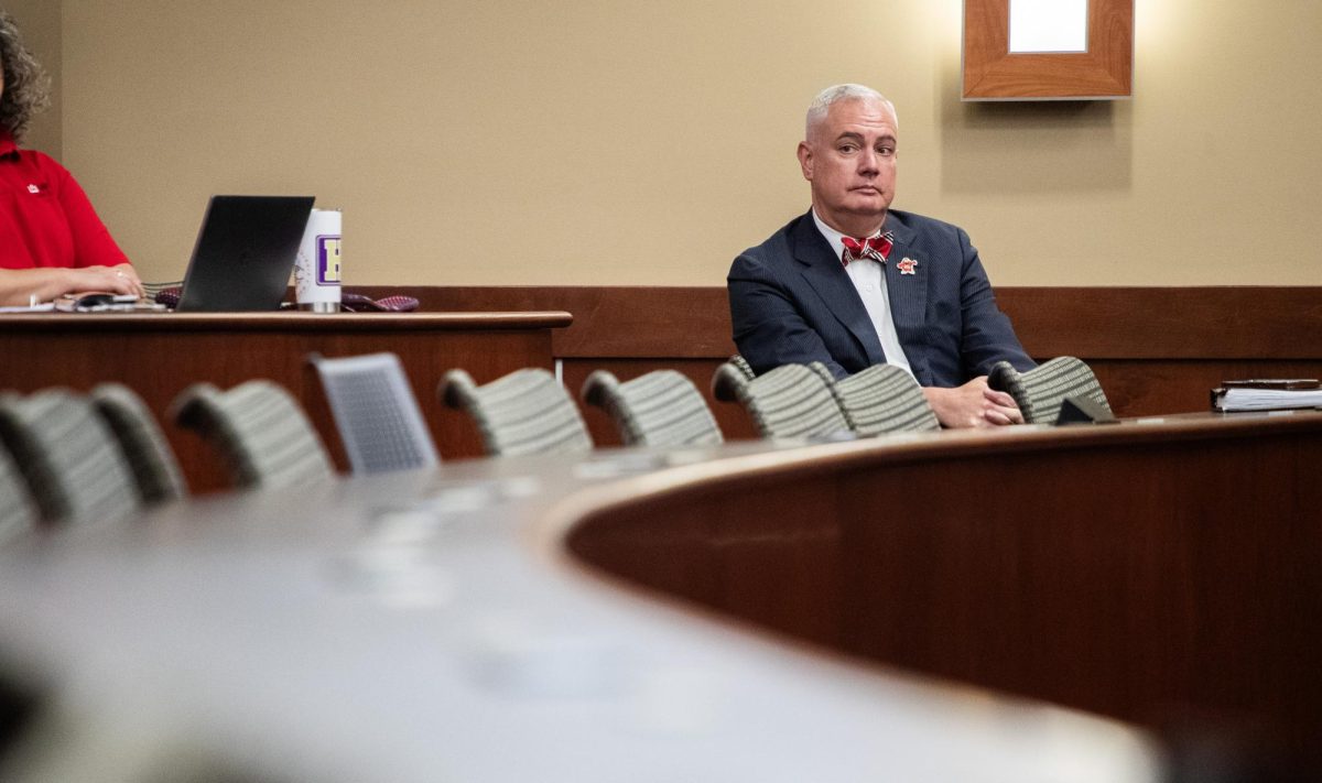 President Timothy Caboni waits to speak at his annual meeting with the universities staff senate in the Student Government Association chambers in Downing Student Union on Tuesday, Sep. 3, 2024. 