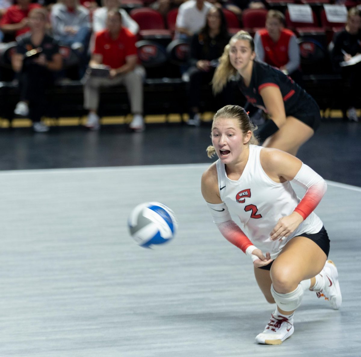 Defensive Specialist Madyson Chitty goes to receive the ball in Diddle Arena on Friday, Sept. 20, 2024.