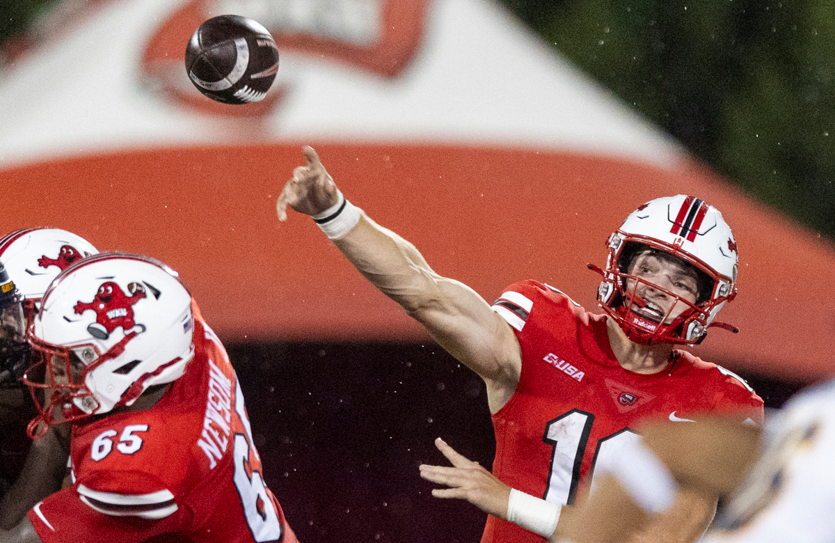 Western Kentucky Hilltoppers quarterback Caden Veltkamp (10) throws a pass during a game against the University of Toledo at L.T. Smith Stadium on Saturday, Sept. 21, 2024.