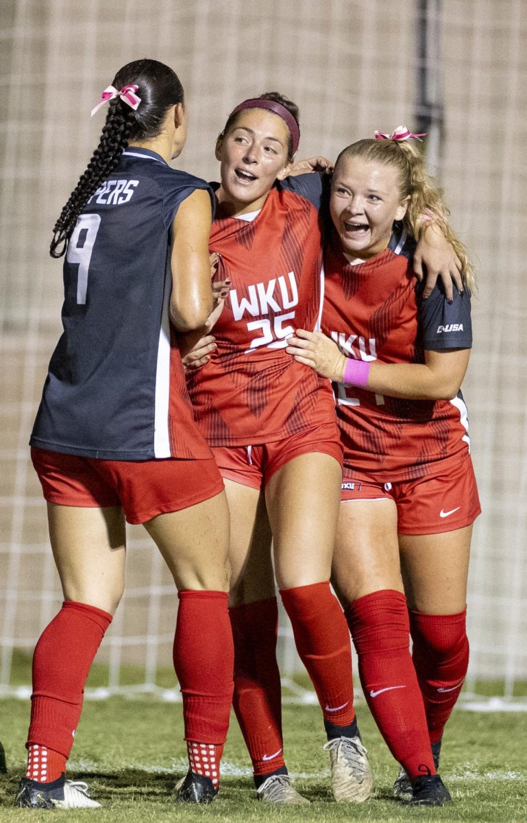 Western Kentucky University forward Lily Rummo (25) celebrates after a last minute goal to tie the game during a match against Kennesaw State University at the WKU Soccer Complex on Thursday, Oct. 3, 2024.  