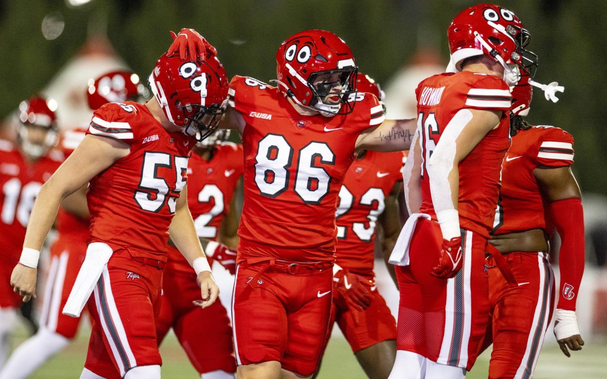 Western Kentucky Hilltoppers tight end Trevor Borland (86) celebrates with his teammates during WKU’s game against The University of Texas at El Paso in Bowing Green, Ky. on Thursday, Oct. 10, 2024. 