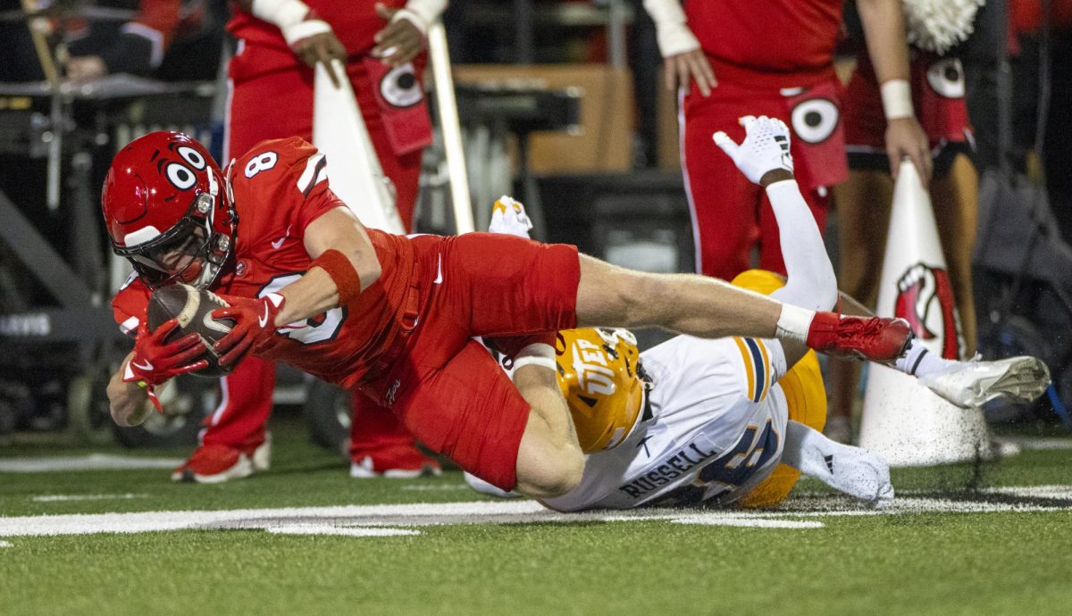 Western Kentucky Hilltoppers wide receiver Easton Messer (8) reaches for the goal line during WKU’s game against The University of Texas at El Paso in Bowing Green, Ky. on Thursday, Oct. 10, 2024. 