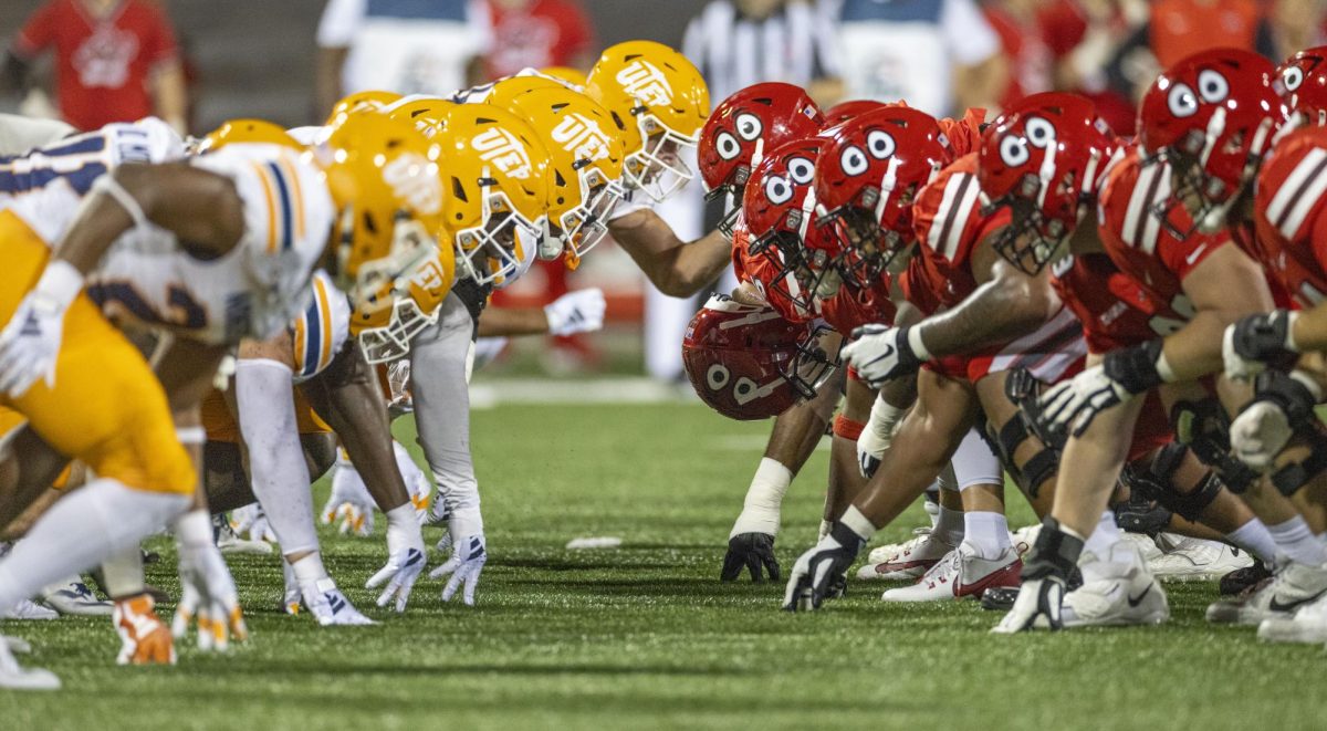 The Hilltoppers and the Miners lineup during WKU’s game against The University of Texas at El Paso in Bowing Green, Ky. on Thursday, Oct. 10, 2024. 