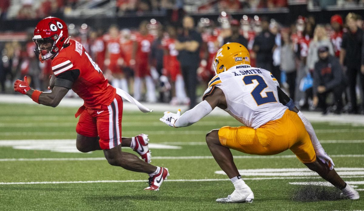 Western Kentucky Hilltoppers wide receiver Michael Mathison (4) runs the ball for a touchdown during WKU’s game against The University of Texas at El Paso in Bowing Green, Ky. on Thursday, Oct. 10, 2024. 