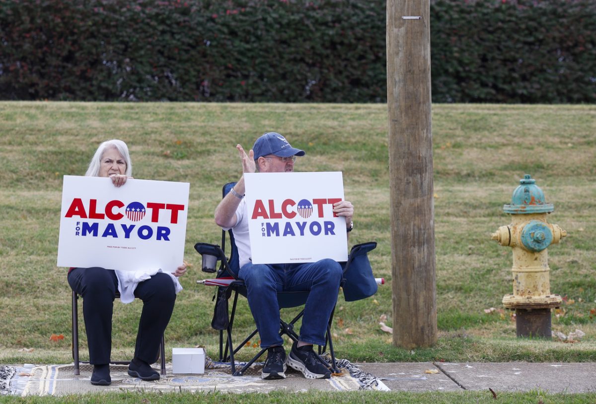 Incumbent Mayor, Todd Alcott, sits across the street of the early voting polls for the 2024 election at Living Hope Baptist Church on October 31 2024.