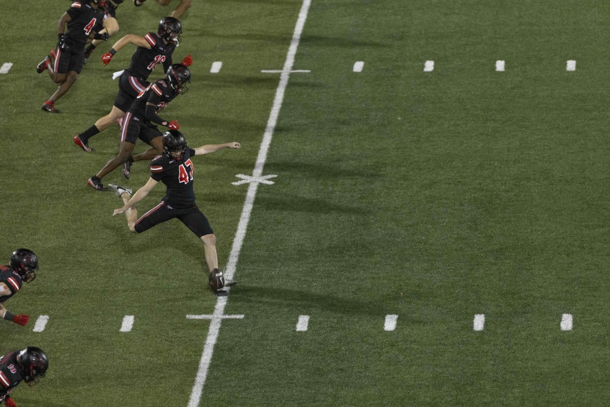 Western Kentucky Hilltoppers kicker Riley Stephens (47) kicks off the ball to the Kennesaw State Owls in the L.T. Smith Stadium on Wednesday, Oct. 30, 2024.