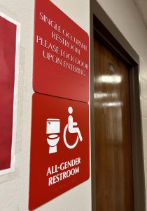 An all-gender restroom sign outside room 403 in Raymond Cravens Library on Wednesday, Oct. 2, 2024.