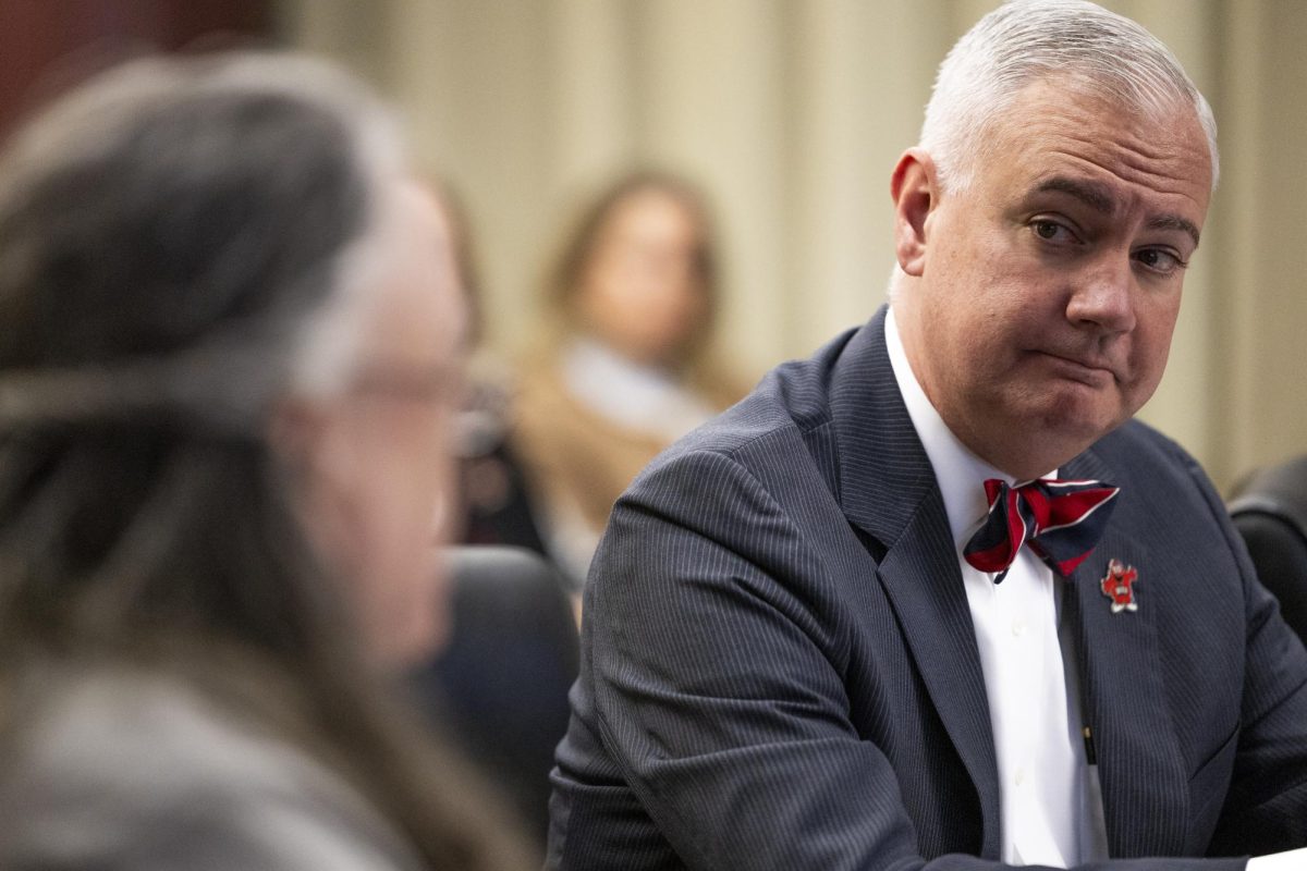 President Timothy Caboni listens to Dr. Cathleen Webb, associate dean of research and director of ARTP, as she presents the accomplishments of the program at the Board of Regents meeting on Friday, Oct. 18, 2024. 