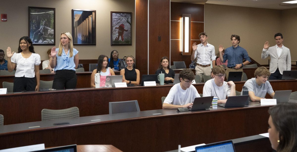 From left: Ciin Lun, Lola Norman, Cayden Bailey, Jakob Barker, and Hermes Olmos were sworn in as new senators in the SGA Chambers on Tuesday, Oct. 1, 2024.