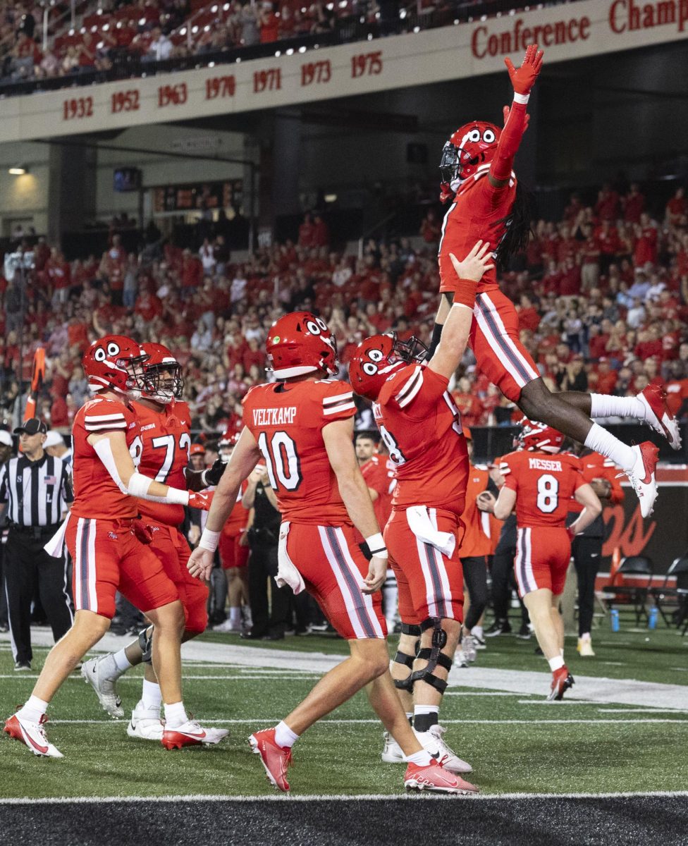 Western Kentucky Hilltoppers wide receiver Dalvin Smith (17) celebrates with his team after scoring a touchdown during a game against the University of Texas at El Paso at Houchens Industries L. T. Smith Stadium in Bowling Green on Thursday, October 10, 2024. Smith had one touchdown and 39 receiving yards. WKU won 44-17.