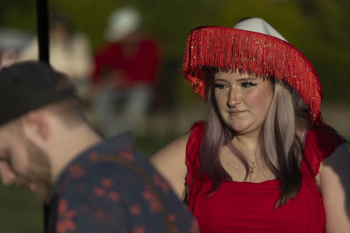 Mariah Gibson, freshman, wears a handmade hat she created at the tailgate before WKU’s football game against UTEP at Houchens Industries L. T. Smith Stadium on Thursday October 10, 2024. 