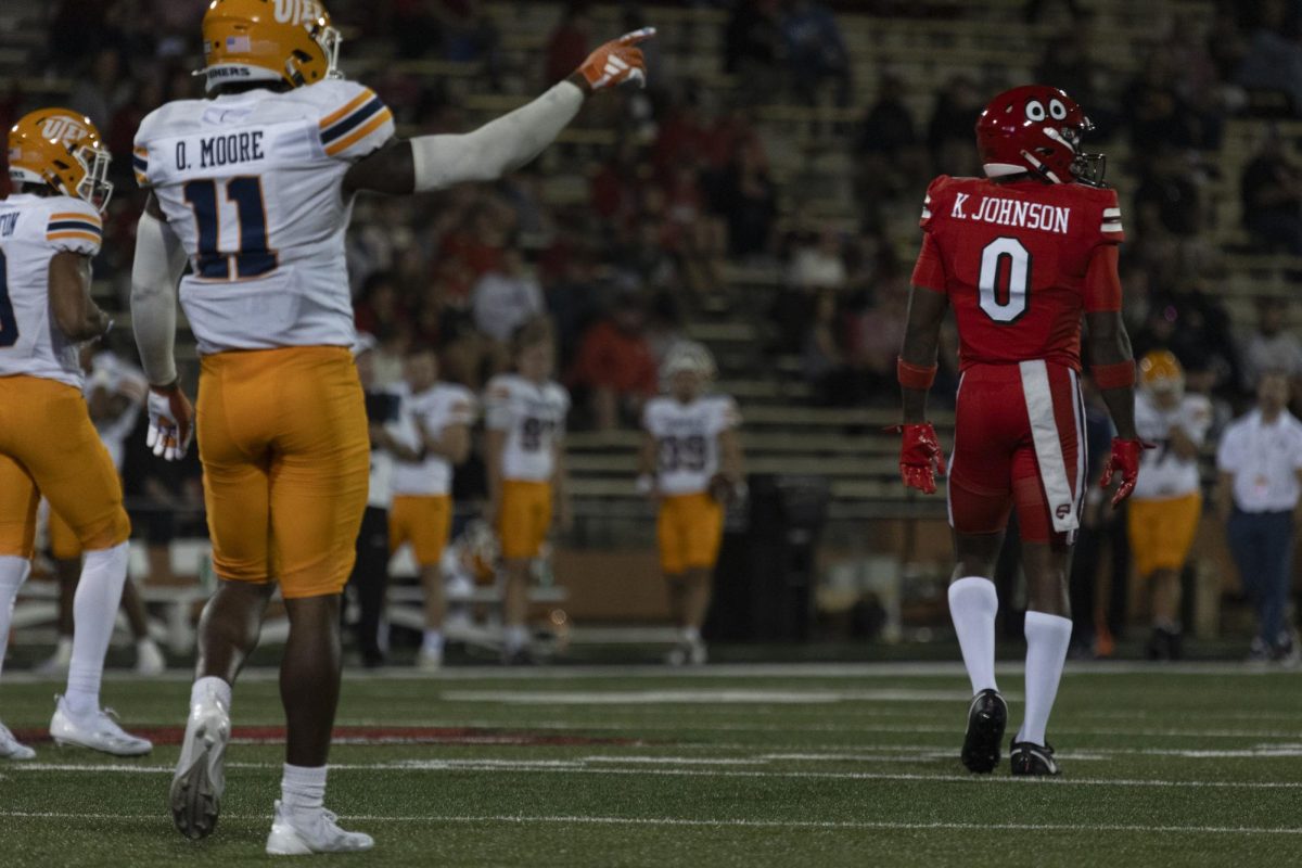 Wide receiver Kisean Johnson, 0, prepares for a play at WKU’s football game against UTEP at Houchens Industries L. T. Smith Stadium on Thursday October 10, 2024. 