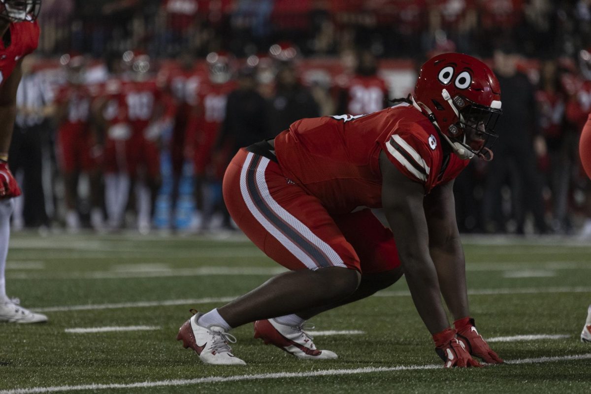 Defensive end, Deante McCray, 8, gets in position during WKU’s football game against UTEP at Houchens Industries L. T. Smith Stadium on Thursday October 10, 2024. 