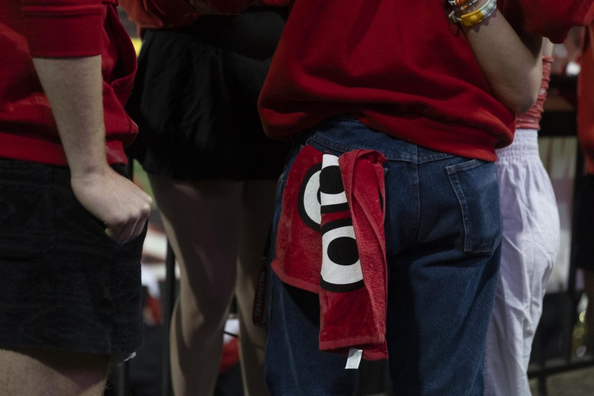 Gavin Schmuckie wears the new towel showcasing Big Red’s eyes in his pocket at WKU’s football game against UTEP at Houchens Industries L. T. Smith Stadium on Thursday October 10, 2024. 