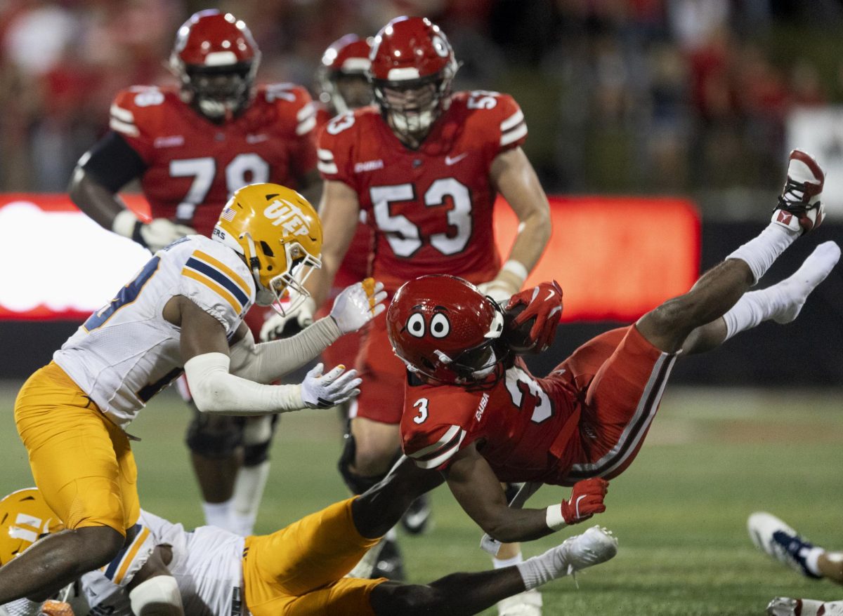 Western Kentucky Hilltoppers Elijah Young (3) looses his shoe in a tackle during the matchup against the University of Texas at El Paso at Houchens Industries L. T. Smith Stadium in Bowling Green on Thursday, October 10, 2024. WKU won 44-17.